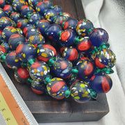 Blue Glass Trade Bead Necklace, African Beads with Red and Speckled Multicolor, Large Round Bead Strand, Tribal Boho Statement Jewelry