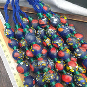 Blue Glass Trade Bead Necklace, African Beads with Red and Speckled Multicolor, Large Round Bead Strand, Tribal Boho Statement Jewelry