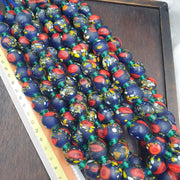 Blue Glass Trade Bead Necklace, African Beads with Red and Speckled Multicolor, Large Round Bead Strand, Tribal Boho Statement Jewelry