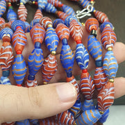 Vintage Millefiori style Feather Blue & Red Glass red whiteheart beads Necklace