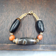 Himalayan Agate Carnelian Bracelet, Banded Eye Agate Beads, clear Quartz Spacers, Tibetan Dzi Style Stone Strand, Collector Bead Jewelry