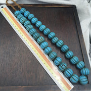 Turquoise Blue Glass Melon Beads, Old Fluted Trade Bead Strand with Aged Patina, Ethnic Tribal Beads for Jewelry Making
