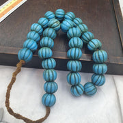 Turquoise Blue Glass Melon Beads, Old Fluted Trade Bead Strand with Aged Patina, Ethnic Tribal Beads for Jewelry Making