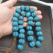 Turquoise Blue Glass Melon Beads, Old Fluted Trade Bead Strand with Aged Patina, Ethnic Tribal Beads for Jewelry Making