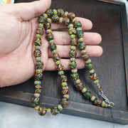 Venetian Style Feather Bead Necklace, Green Combed Glass with Star Chevron Beads, African Trade Bead Strand, Handmade Restrung
