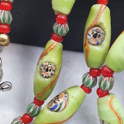 Venetian Style Face Bead Necklace, Green Millefiori Mask Trade Beads 30mm, African Style Glass Bead Strand, Handmade Restrung