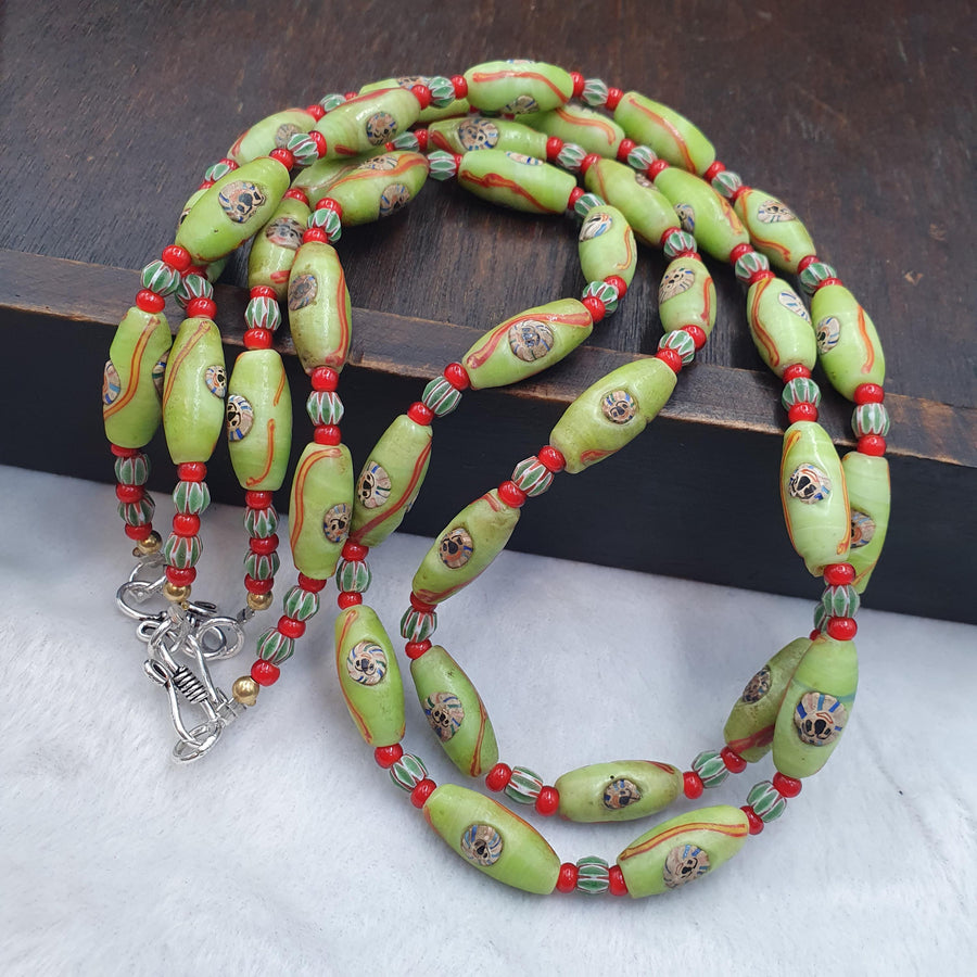 Venetian Style Face Bead Necklace, Green Millefiori Mask Trade Beads 30mm, African Style Glass Bead Strand, Handmade Restrung