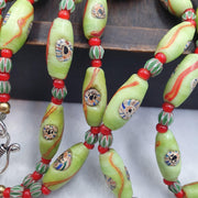 Venetian Style Face Bead Necklace, Green Millefiori Mask Trade Beads 30mm, African Style Glass Bead Strand, Handmade Restrung