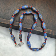 Venetian Style Face Bead Necklace, Blue Mask red Whiteheart Trade Beads 30mm, African Style Glass Bead Strand, Handmade Restrung
