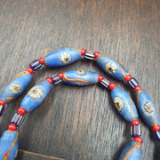 Venetian Style Face Bead Necklace, Blue Mask red Whiteheart Trade Beads 30mm, African Style Glass Bead Strand, Handmade Restrung