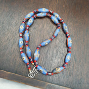 Venetian Style Face Bead Necklace, Blue Mask red Whiteheart Trade Beads 30mm, African Style Glass Bead Strand, Handmade Restrung