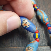 Blue Venetian Style Face Bead Necklace,  Mask red Whiteheart Trade Beads 30mm, African Style Glass Bead Strand, Handmade Restrung