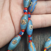 Blue Venetian Style Face Bead Necklace,  Mask red Whiteheart Trade Beads 30mm, African Style Glass Bead Strand, Handmade Restrung