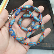Blue Venetian Style Face Bead Necklace,  Mask red Whiteheart Trade Beads 30mm, African Style Glass Bead Strand, Handmade Restrung