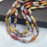 Venetian Style Face Bead Necklace, Multicolor Speckled Glass with Millefiori Mask Canes, African Trade Bead Strand, Restrung