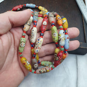 Venetian Style Face Bead Necklace, Multicolor Speckled Glass with Millefiori Mask Canes, African Trade Bead Strand, Restrung