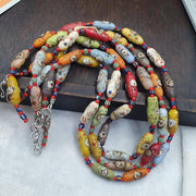 Venetian Style Face Bead Necklace, Multicolor Speckled Glass with Millefiori Mask Canes, African Trade Bead Strand, Restrung