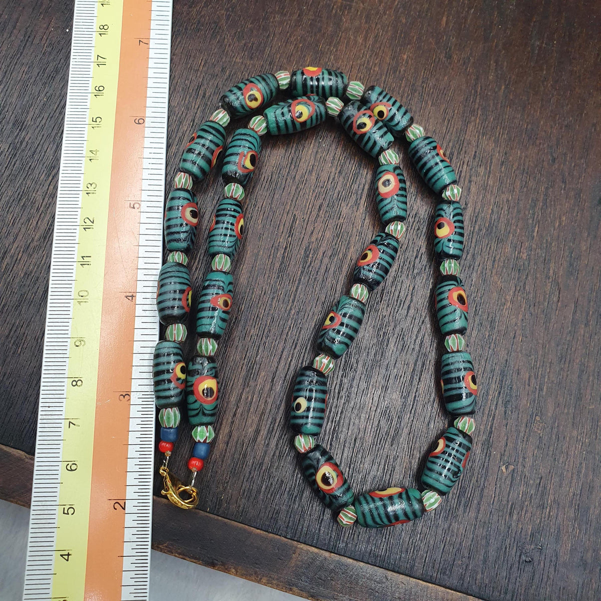 Evil Eye Bead Necklace, Venetian Style Green and Black Striped Glass Trade Beads, Protection Necklace