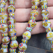 Venetian Style Eye Bead Necklace, White Glass with Red and Blue Eye Canes  Star Chevron Beads,