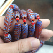 Red Feather Trade Bead Necklace, Blue and White Combed Glass Torpedo Beads, African Style Bead Strand, Handmade Restrung