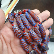 Red Feather Trade Bead Necklace, Blue and White Combed Glass Torpedo Beads, African Style Bead Strand, Handmade Restrung