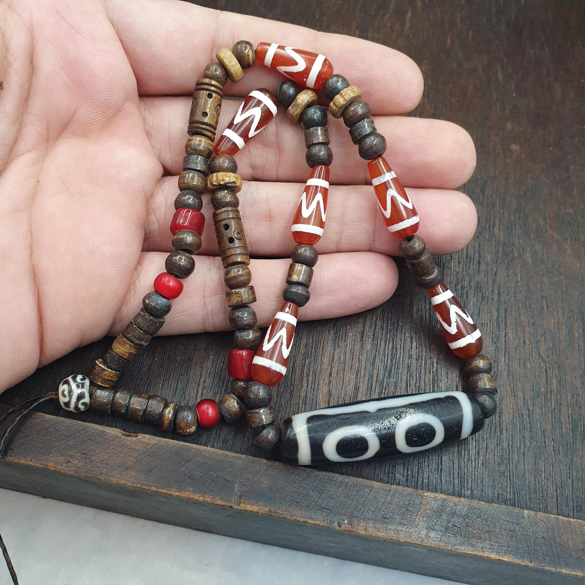 Rare Heaven & Earth 3 eye Dzi Bead – Tibetan Agate Etched Carnelian, Bone spirituality and dreams Necklace