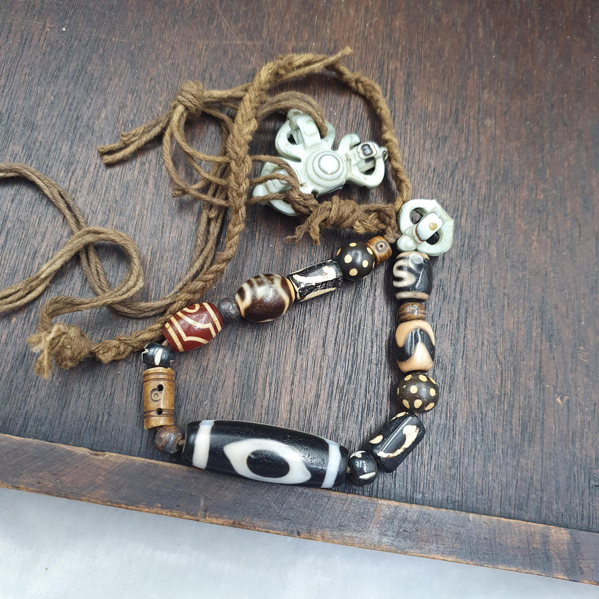 Tibetan 2 Eye Dzi Agate Necklace Himalayan Amulet Bead Talisman Bone Beads Nepal Cord Mala
