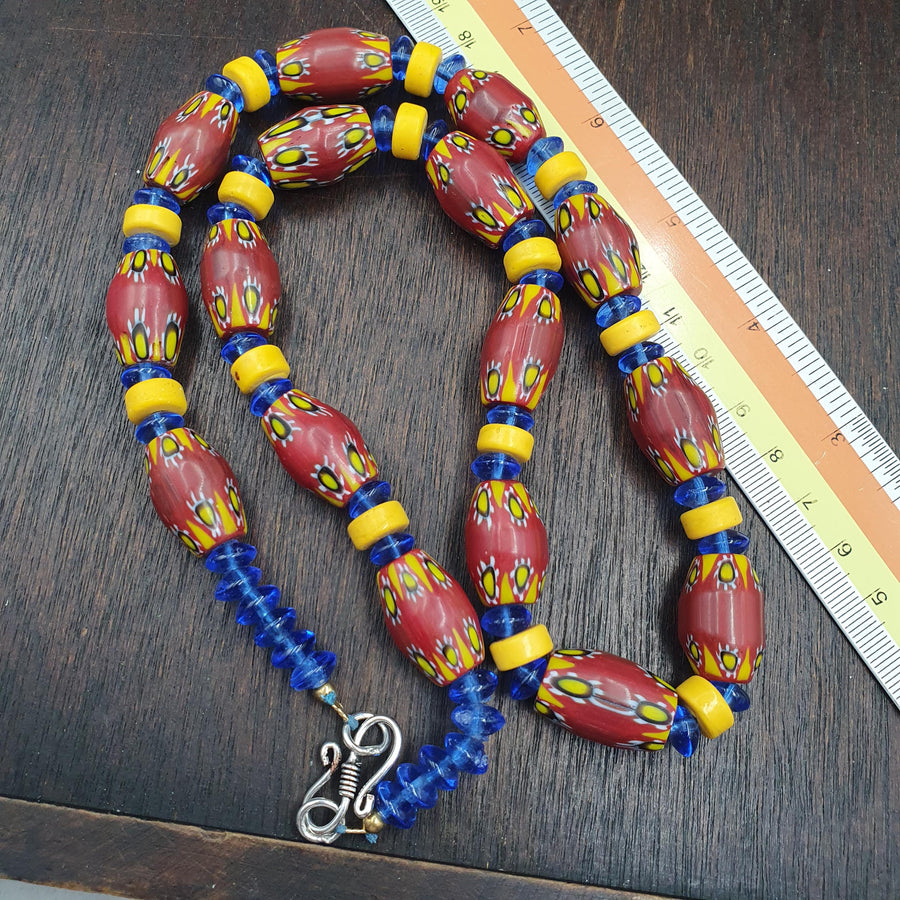 Venetian Style Chevron Glass Beads With Yellow and Blue Spaces Beads Necklace