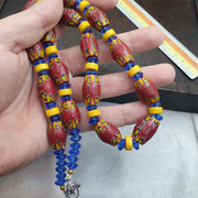 Venetian Style Chevron Glass Beads With Yellow and Blue Spaces Beads Necklace