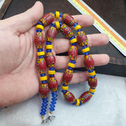 Venetian Style Chevron Glass Beads With Yellow and Blue Spaces Beads Necklace