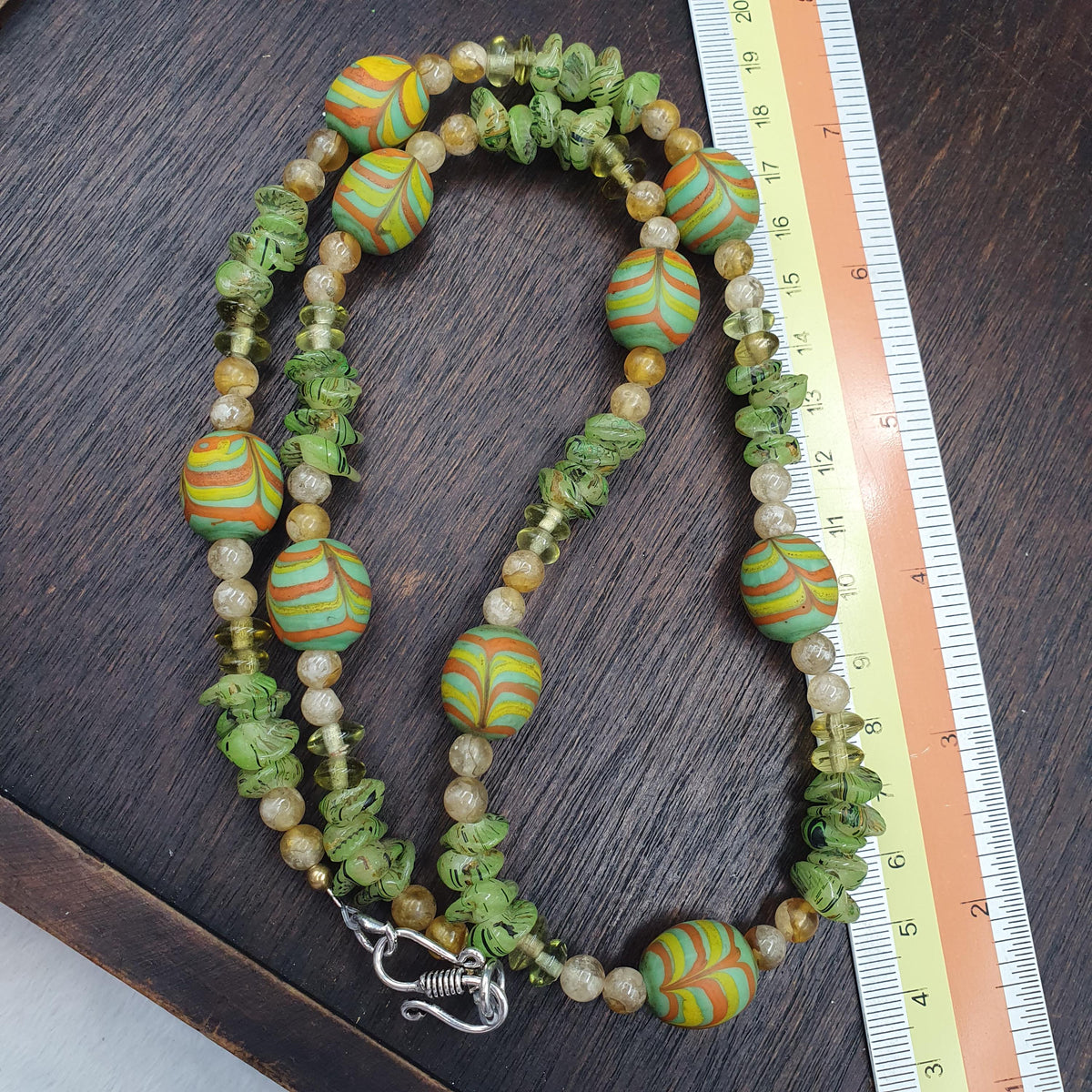 Venetian Style Chevron Glass Beads With Yellow green Spacer Beads Necklace