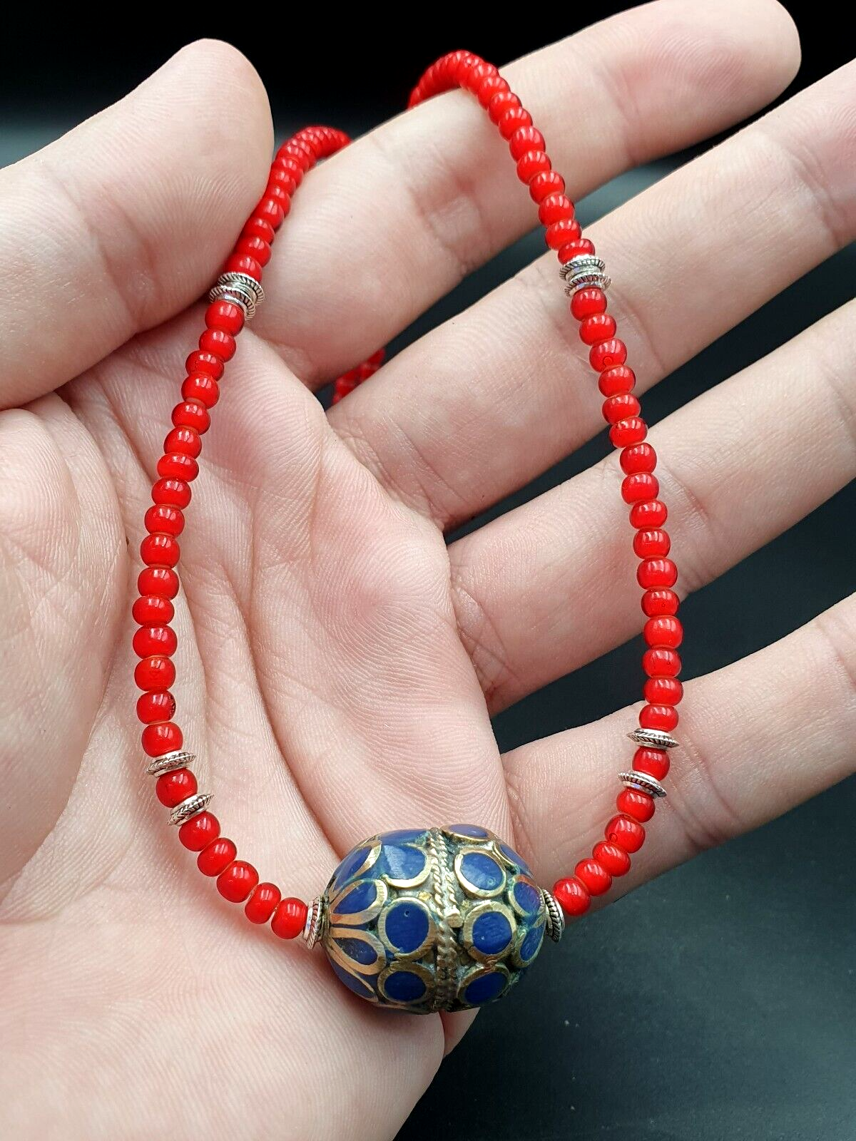 Beautiful Venetian White Heart Trade Beads Afghan vintage brass Bead Necklace