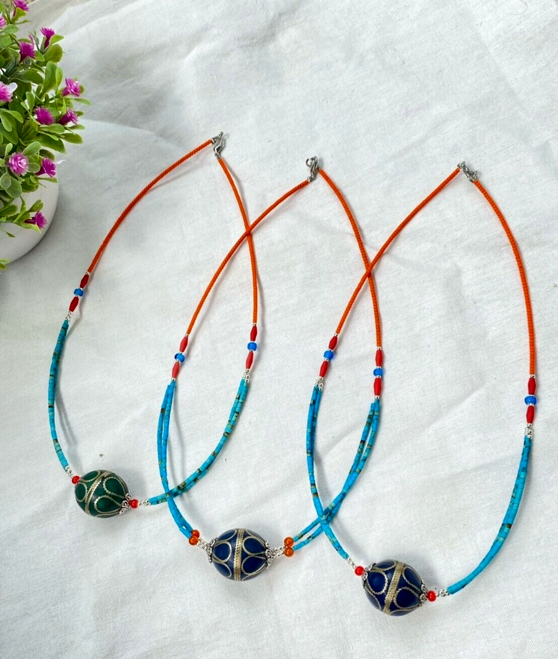 Turquoise and coral Beads With Afghan vintage Big Bead Necklace