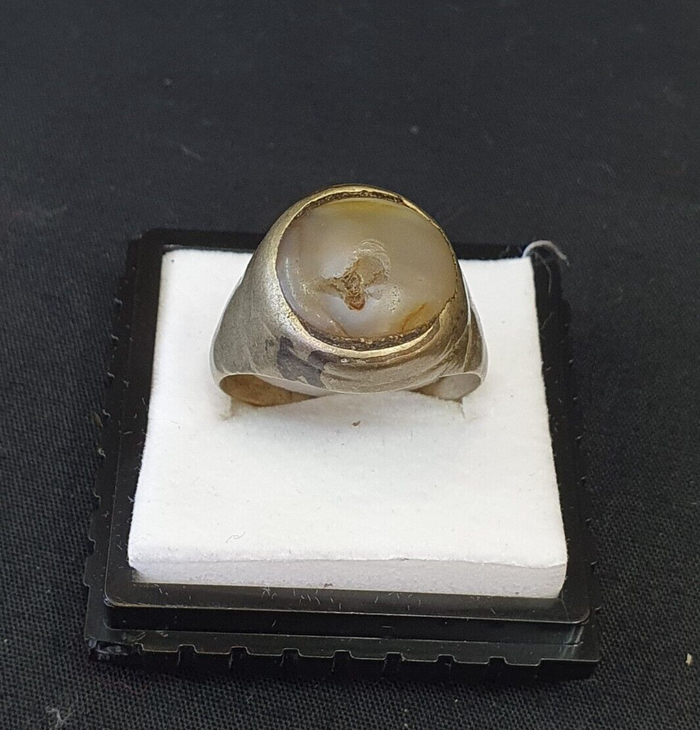 Antique Near Eastern Old Silver Brass Bronze Ring with Ancient Agate Stone Ring