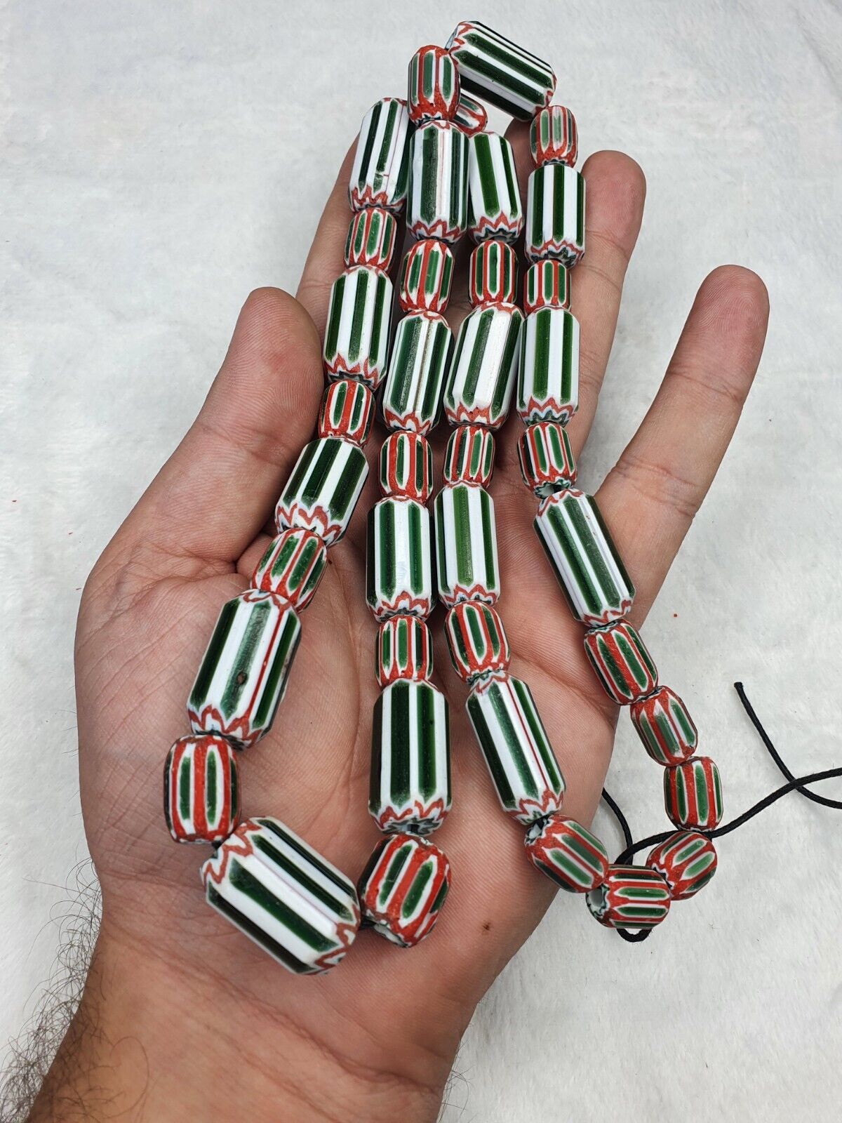 Vintage Venetian inspired Trade beads Old Green Glass Chevron Beads Long Strand
