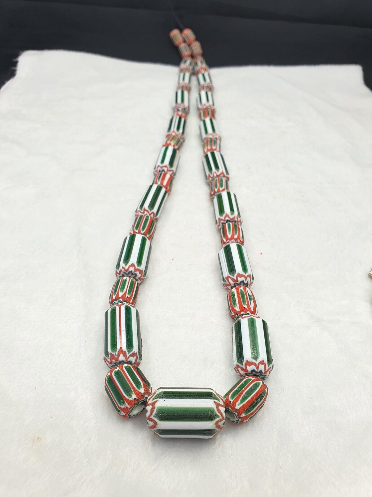 Vintage Venetian inspired Trade beads Old Green Glass Chevron Beads Long Strand