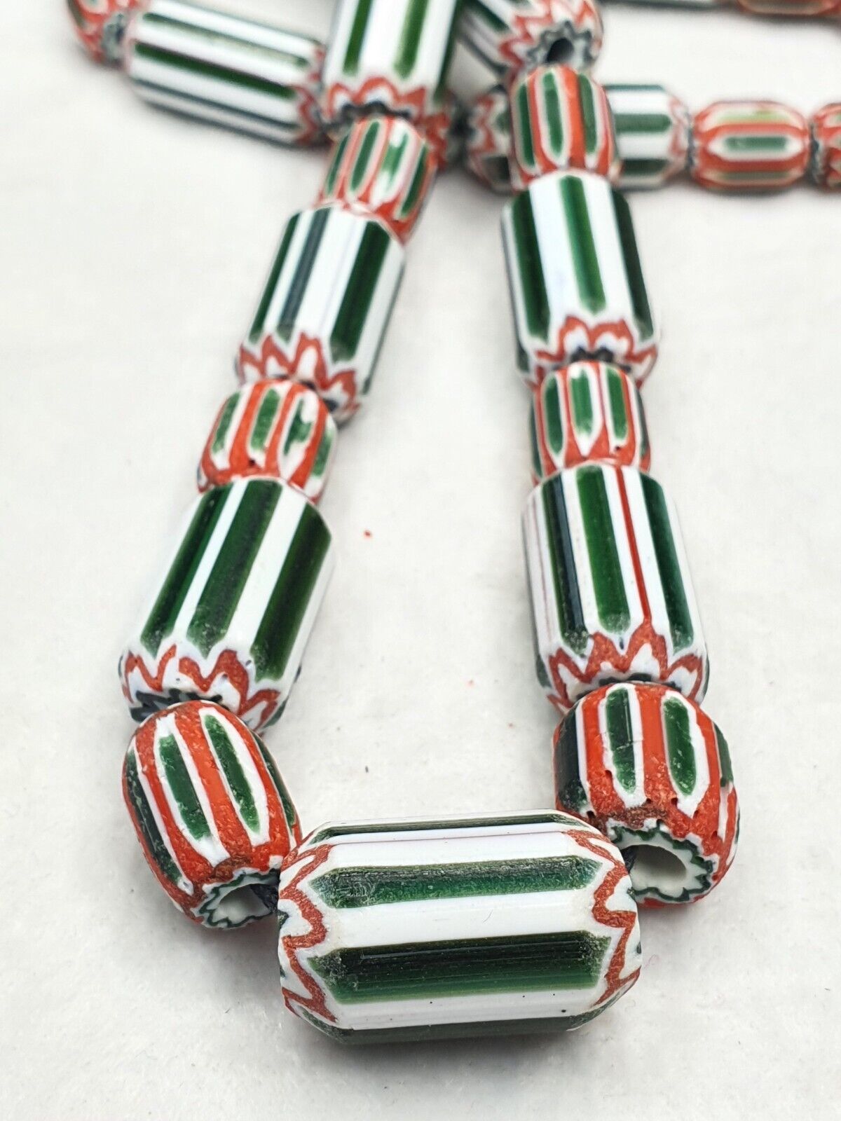 Vintage Venetian inspired Trade beads Old Green Glass Chevron Beads Long Strand