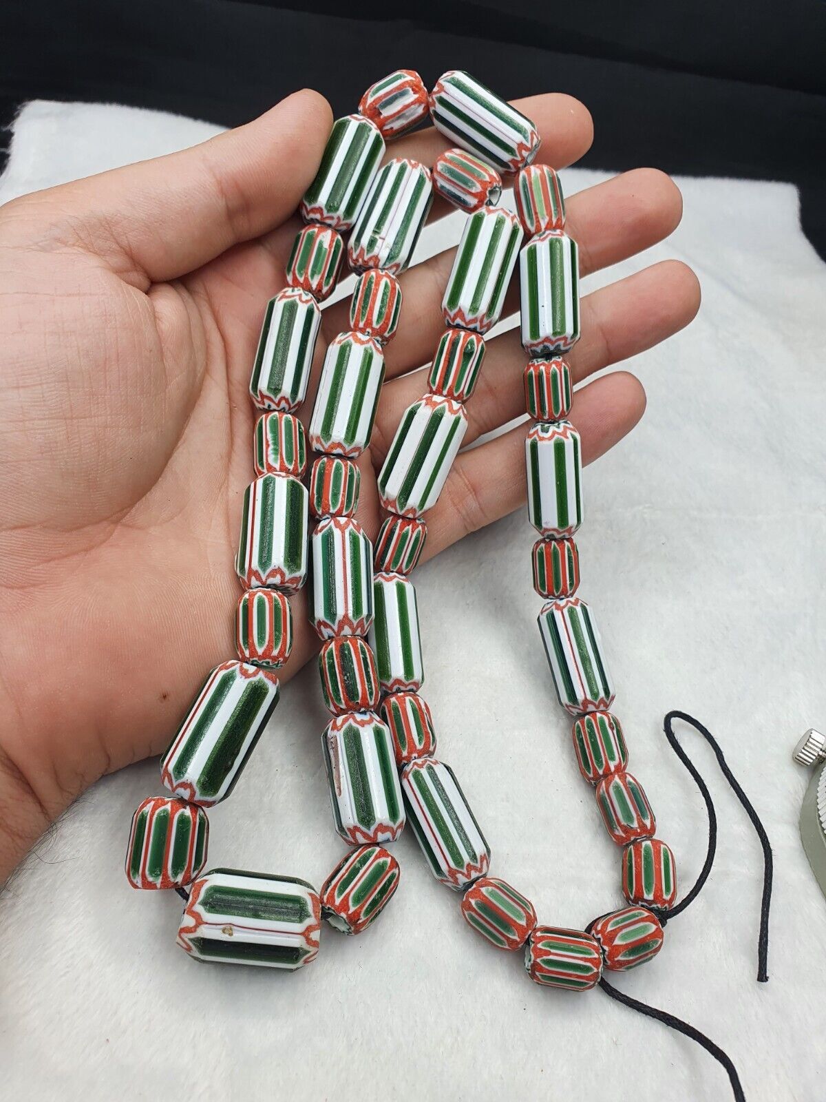 Vintage Venetian inspired Trade beads Old Green Glass Chevron Beads Long Strand