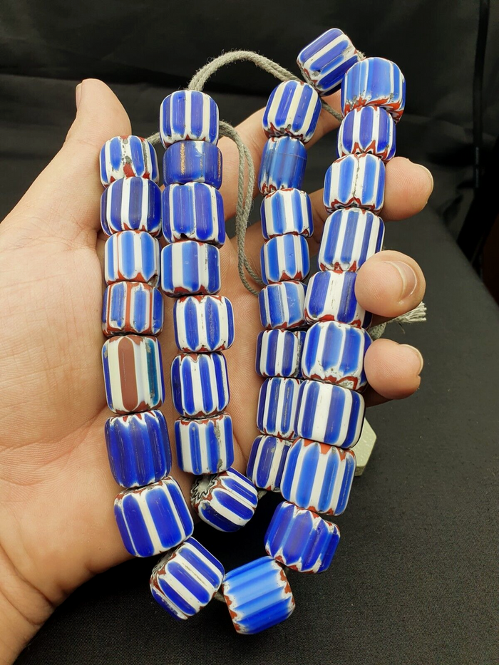 Vintage Venetian Inspired Trade Beads Old Blue Glass Chevron Beads Long Strand