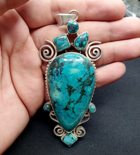 Big Men's 2 pcs lot Sterling Silver Blue Kingman Turquoise Necklace Pendants