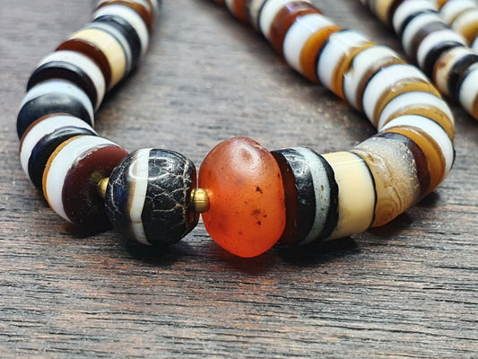 Ancient Old Dzi  Banded Agate and glass Antique YEMEN Beads Long Necklace