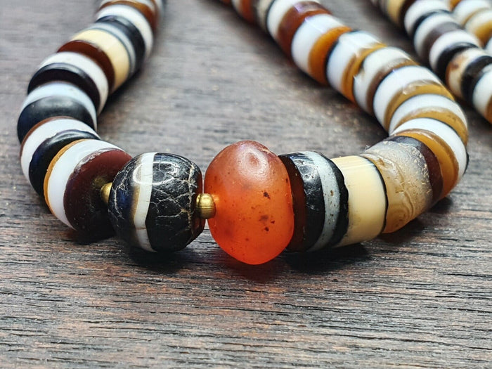 Ancient Old Dzi Banded Agate and Glass Antique Yemen Beads Long Necklace