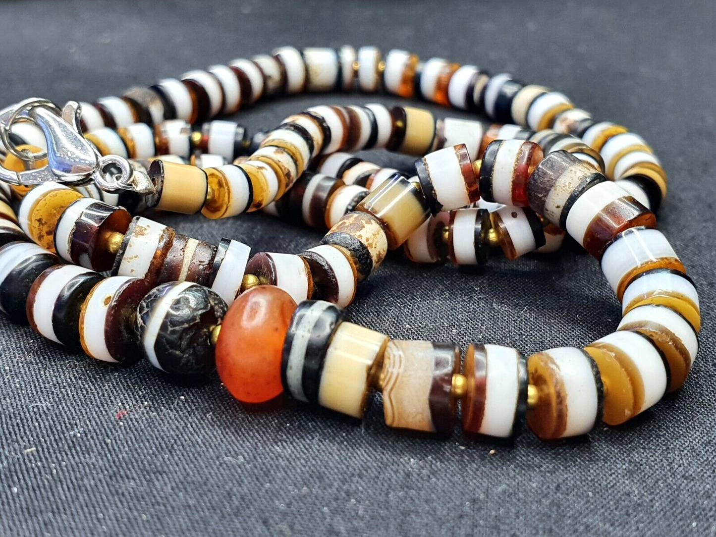 Antike alte Dzi-Band-Achat- und Glas-Antike-JEMEN-Perlen-lange Halskette