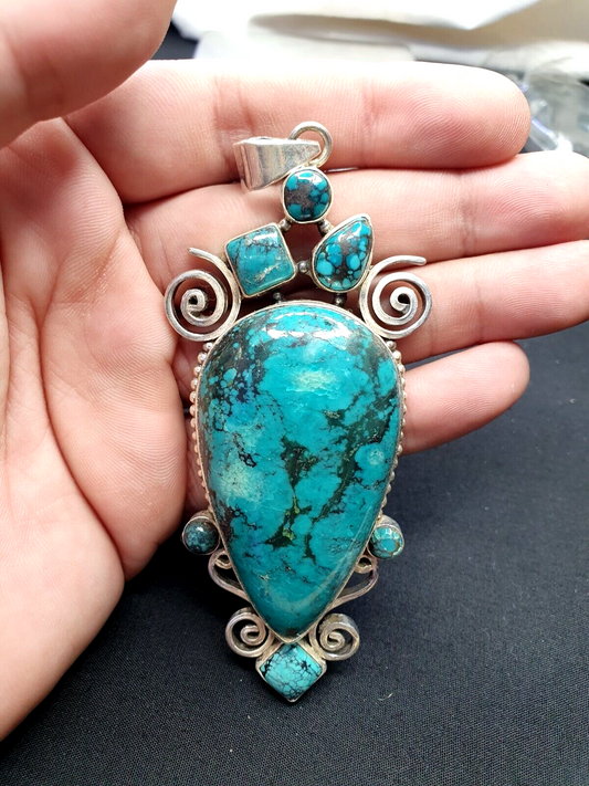 Vintage Native American Silver 925 NATURAL Spiderweb TURQUOISE Pendant 65.4 Gram