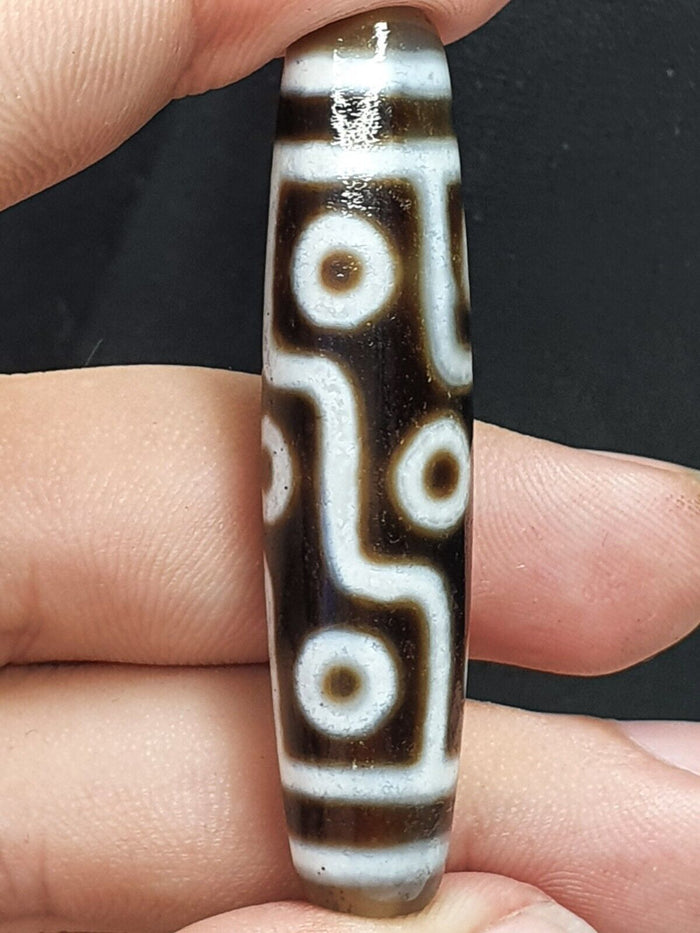 Vintage Indo Tibetan Etched Line Decorated Tapered Tube 9 Eye Dzi Agate