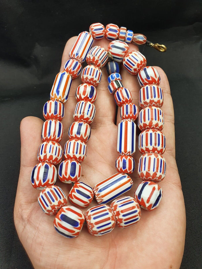 Vintage Beautiful Chevron Trade Glass Blue Beads Necklace