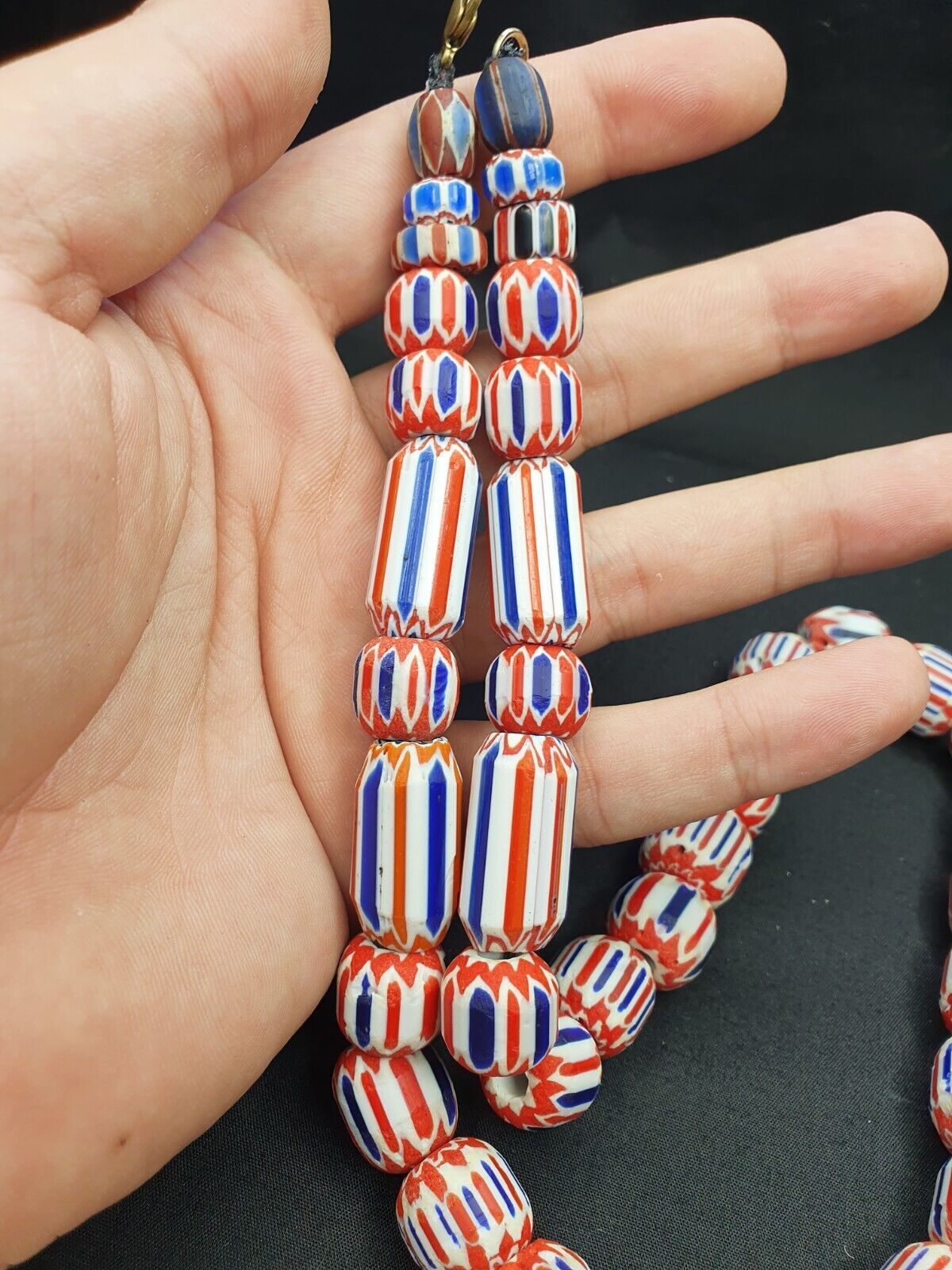 Vintage Beautiful chevron Trade Glass blue beads Necklace