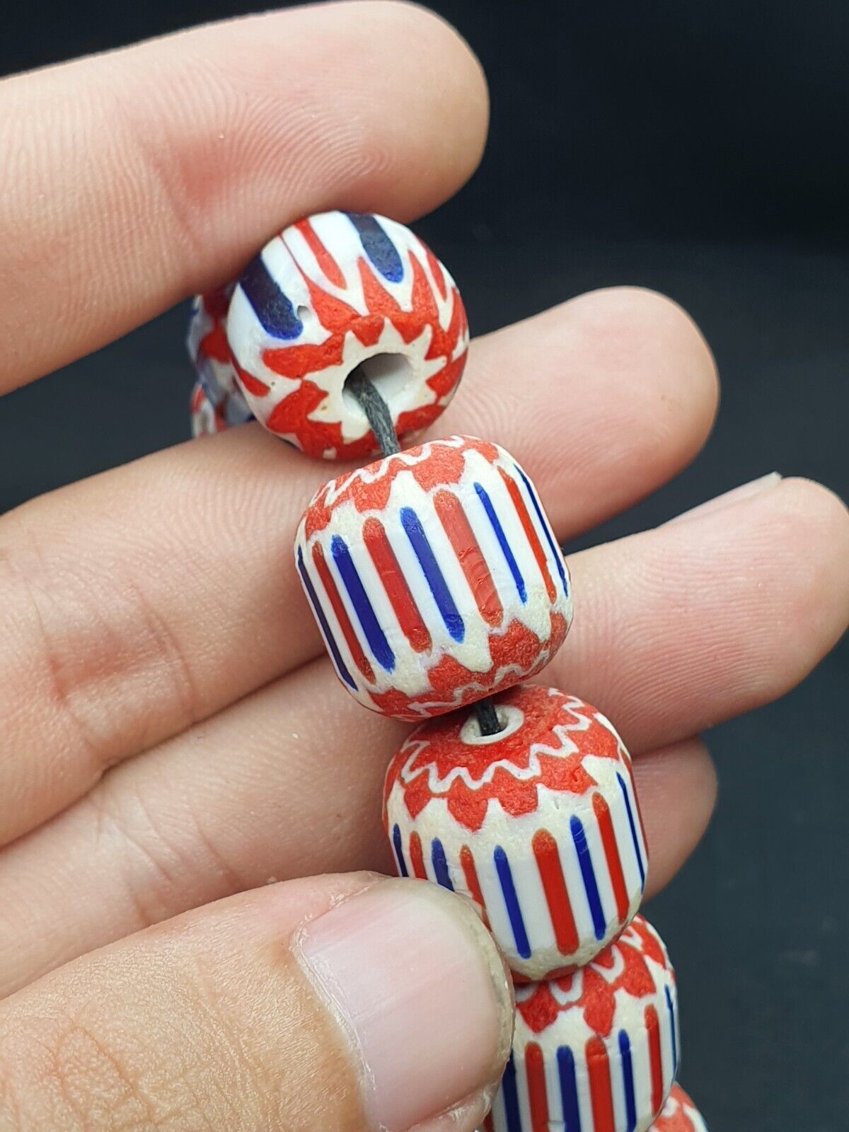 Vintage Beautiful chevron Trade Glass blue beads Necklace