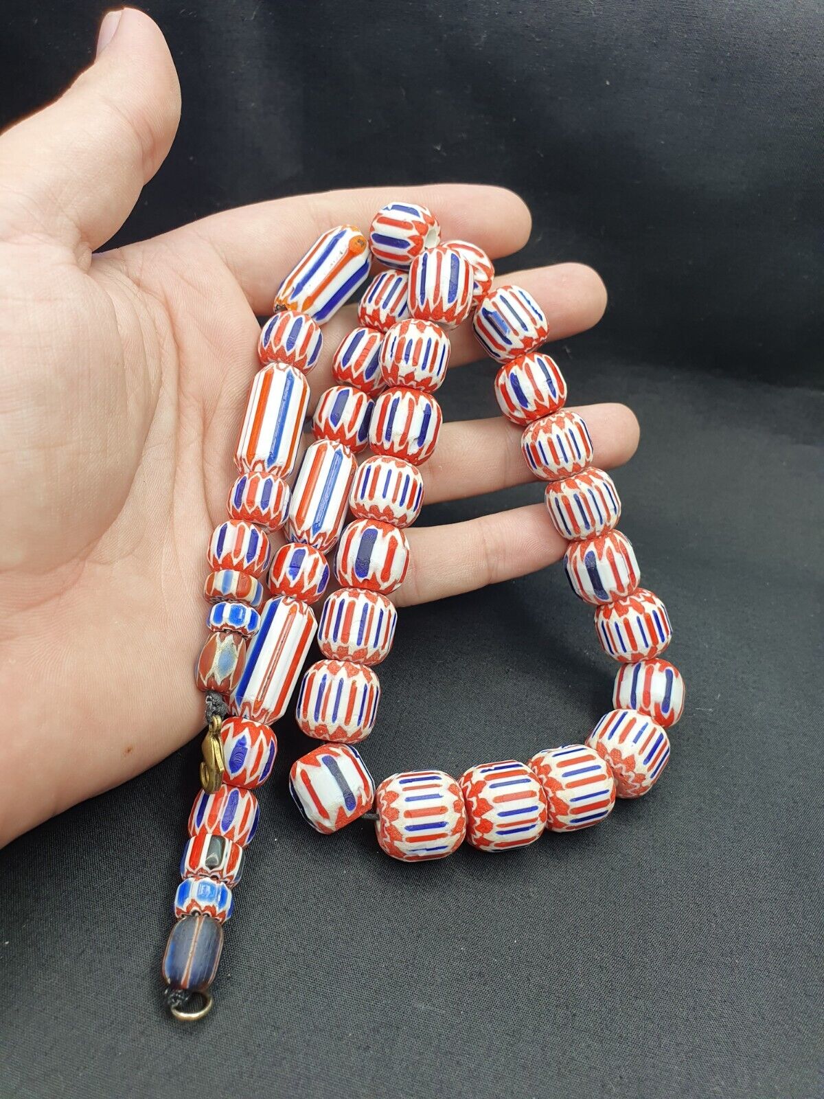 Vintage Beautiful chevron Trade Glass blue beads Necklace