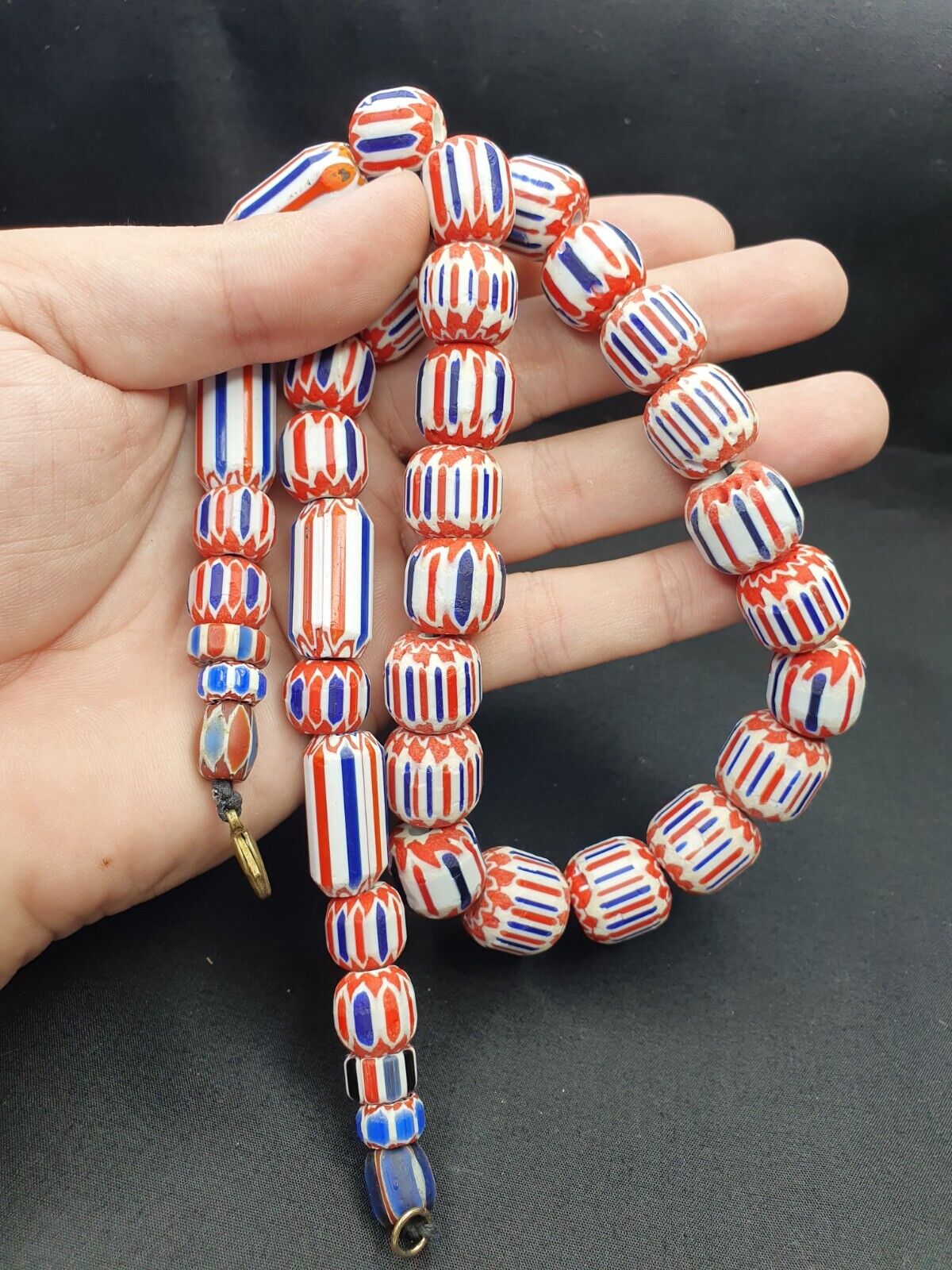 Vintage Beautiful chevron Trade Glass blue beads Necklace